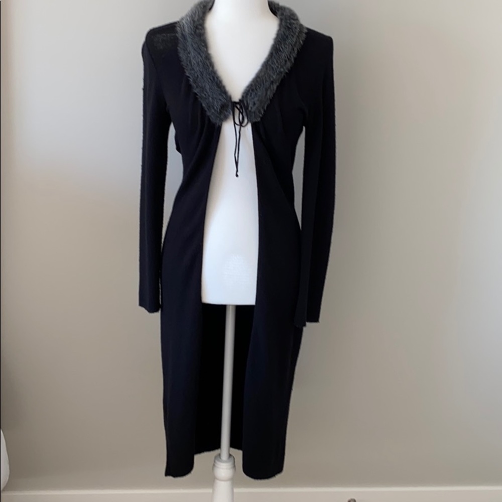 Long Duster Sweater w/faux fur collar L, Black